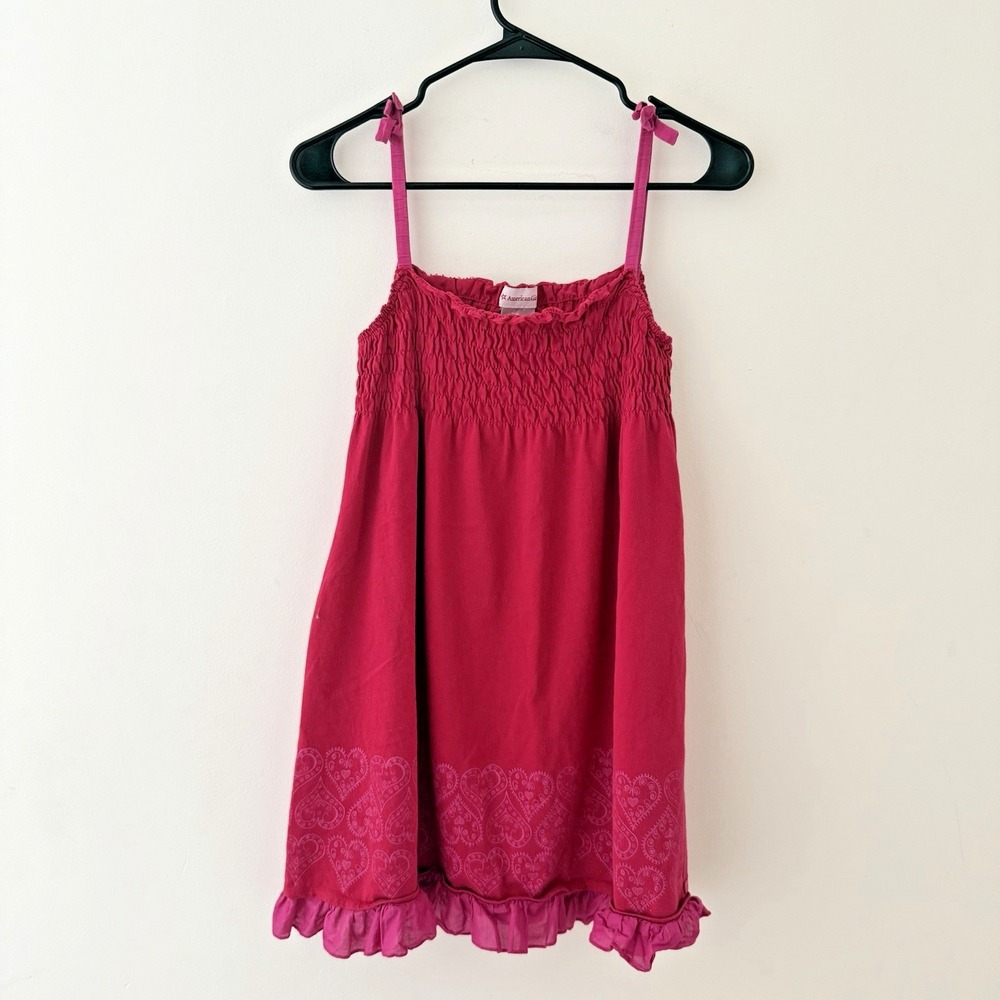 American Girl Dress Girls Size 12 Cotton Red Pink Ruffle Hem Heart Print Smocked